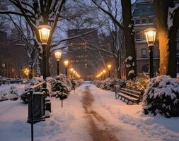 ai généré une neige scène où une parc est allumé en haut pendant le hiver photo