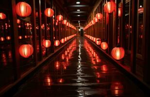 ai généré une magnifique couloir avec rouge et lumière rouge lanternes photo