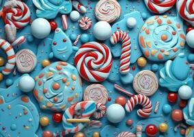 ai généré beaucoup en forme de biscuits décoré avec coloré bonbons et bonbons cannes photo