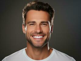 ai généré souriant Jeune homme avec porcelaine placages. photo