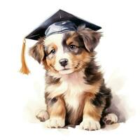 ai généré mignonne aquarelle chien dans l'obtention du diplôme casquette isolé photo