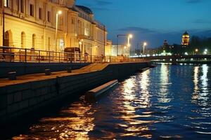 ai généré rivière dans nuit dans gros ville photo