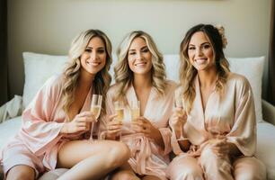 ai généré Trois femme habillé dans robes séance suivant à chaque autre et en portant Champagne des lunettes photo