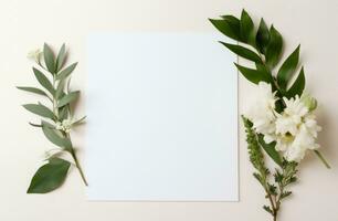 ai généré blanc Vide feuille avec vert feuilles et fleurs autour il photo