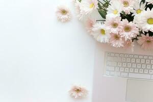 ai généré le clés de une portable sont sur une table près fleurs. photo