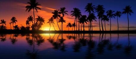 ai généré paume des arbres dans silhouette contre une tropical le coucher du soleil photo