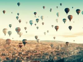 ai généré beaucoup coloré des ballons dans vol près une vallée photo