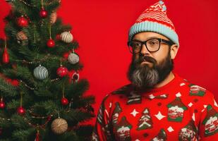 ai généré homme dans Père Noël chapeau avec une Noël arbre photo