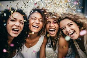 ai généré gratuit image de groupe de femmes ayant amusement avec confettis, photo