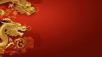 ai généré chinois vacances Contexte avec dragon, foncé rouge et or, grand fond zone photo