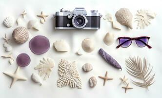 ai généré plage et mer vacances avec ancien caméra, des lunettes de soleil et coquilles sur blanc photo