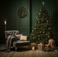 ai généré une pièce dans le hiver cette a une Noël arbre et Noël décorations photo