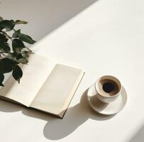ai généré café et une livre sur une blanc table photo