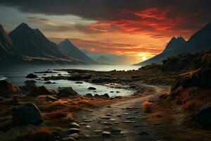 ai généré une magnifique paysage de une rocheux rive avec une enroulement chemin de premier plan vers le horizon, entouré par montagnes et une ciel en feu avec le couleurs de le réglage Soleil. photo