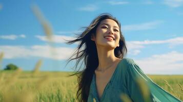 ai généré calme content souriant asiatique femme avec fermé yeux sur le des champs. gratuit, paix, magnifique moment concept photo
