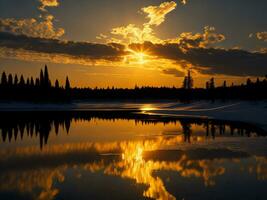 ai généré un image de une vibrant le coucher du soleil plus de une serein lac, avec coloré reflets chatoyant sur le l'eau avec neige photo