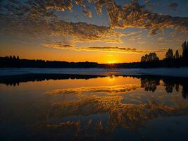 ai généré un image de une vibrant le coucher du soleil plus de une serein lac, avec coloré reflets chatoyant sur le l'eau avec neige photo