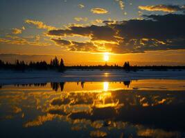 ai généré un image de une vibrant le coucher du soleil plus de une serein lac, avec coloré reflets chatoyant sur le l'eau avec neige photo