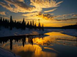 ai généré un image de une vibrant le coucher du soleil plus de une serein lac, avec coloré reflets chatoyant sur le l'eau avec neige photo