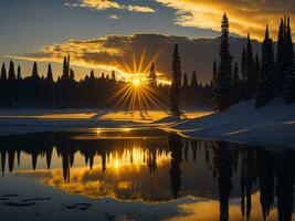 ai généré un image de une vibrant le coucher du soleil plus de une serein lac, avec coloré reflets chatoyant sur le l'eau avec neige photo