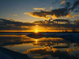 ai généré un image de une vibrant le coucher du soleil plus de une serein lac, avec coloré reflets chatoyant sur le l'eau avec neige photo