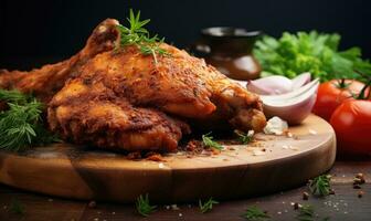 ai généré grillé poulet sur Coupe planche avec herbes et épices sur en bois table photo