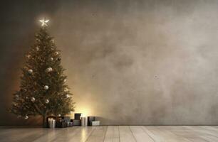 ai généré une Noël arbre et une mur, dans le style de doux, atmosphérique éclairage, brillant béton photo