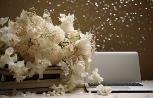 ai généré une vase de confettis près une portable ordinateur et livres photo