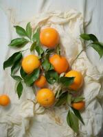 ai généré une blanc feuille avec mandarines sur il photo