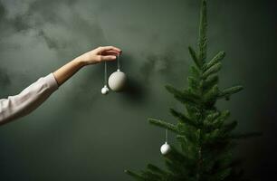 ai généré une la personne atteindre dans le Noël arbre à sélectionner ornements photo