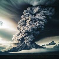 ai généré de mauvais augure des nuages de fumée et cendre cette onduler en dehors de une volcan pendant un éruption photo