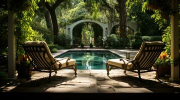 ai généré une bassin entouré par luxuriant verdure et salon chaises, parfait pour une paisible après midi photo