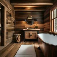 ai généré une confortable ski style lodge salle de bains avec une griffe photo