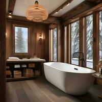 ai généré une confortable ski style lodge salle de bains avec lambrissée des murs photo