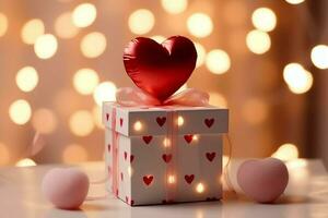 content la Saint-Valentin journée concept avec rouge cadeau boîte et cœur en forme de des ballons romantique bannière l'amour concept par ai généré photo