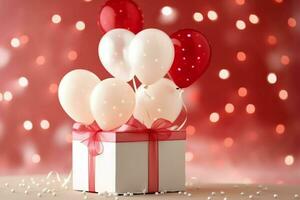 content la Saint-Valentin journée concept avec rouge cadeau boîte et cœur en forme de des ballons romantique bannière l'amour concept par ai généré photo