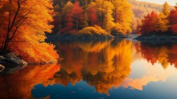 ai généré une réaliste image représentant déchue feuilles pacifiquement à la dérive dans une serein lac. photo