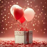 content la Saint-Valentin journée concept avec rouge cadeau boîte et cœur en forme de des ballons romantique bannière l'amour concept par ai généré photo