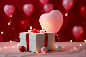 content la Saint-Valentin journée concept avec rouge cadeau boîte et cœur en forme de des ballons romantique bannière l'amour concept par ai généré photo