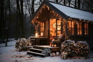 ai généré confortable rustique cabine dans le neige chaleureusement allumé et attrayant, hygge concept photo