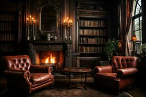 ai généré confortable bibliothèque ambiance avec une crépitement cheminée et riches cuir les fauteuils, hygge concept photo