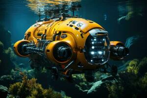 ai généré Profond mer chroniques submersible des robots dévoilement rare Marin vie, futurisme image photo