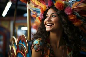 ai généré vibrant carnaval balade femme sur masqué, coloré carnaval images photo