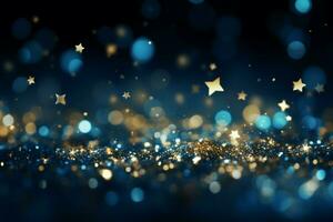 ai généré de fête Noël Contexte orné avec brillant bleu étoiles création une céleste ambiance ai généré photo