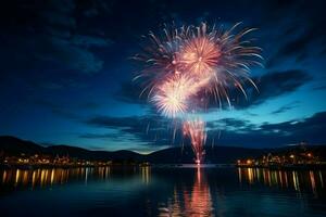 ai généré coloré feux d'artifice éclairer le nuit ciel, se mêler avec le laiteux façon ai généré photo