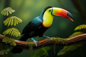 ai généré Quille facturé toucan perché sur une forêt branche dans Panama luxuriant verdure ai généré photo