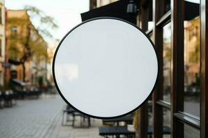 ai généré entreprise l'image de marque dans concentrer avec une rond blanc signe maquette dans une pays ville ai généré photo