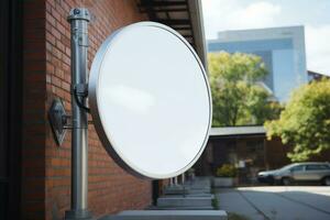 ai généré entreprise l'image de marque dans concentrer avec une rond blanc signe maquette dans une pays ville ai généré photo