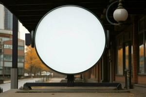 ai généré entreprise l'image de marque dans concentrer avec une rond blanc signe maquette dans une pays ville ai généré photo