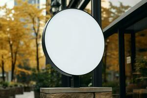 ai généré entreprise l'image de marque dans concentrer avec une rond blanc signe maquette dans une pays ville ai généré photo